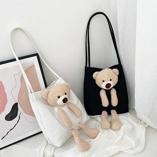 Kawaii Plush Shoulder Bag with Teddy Bear – Cute Tote Handbag for Women & Girls