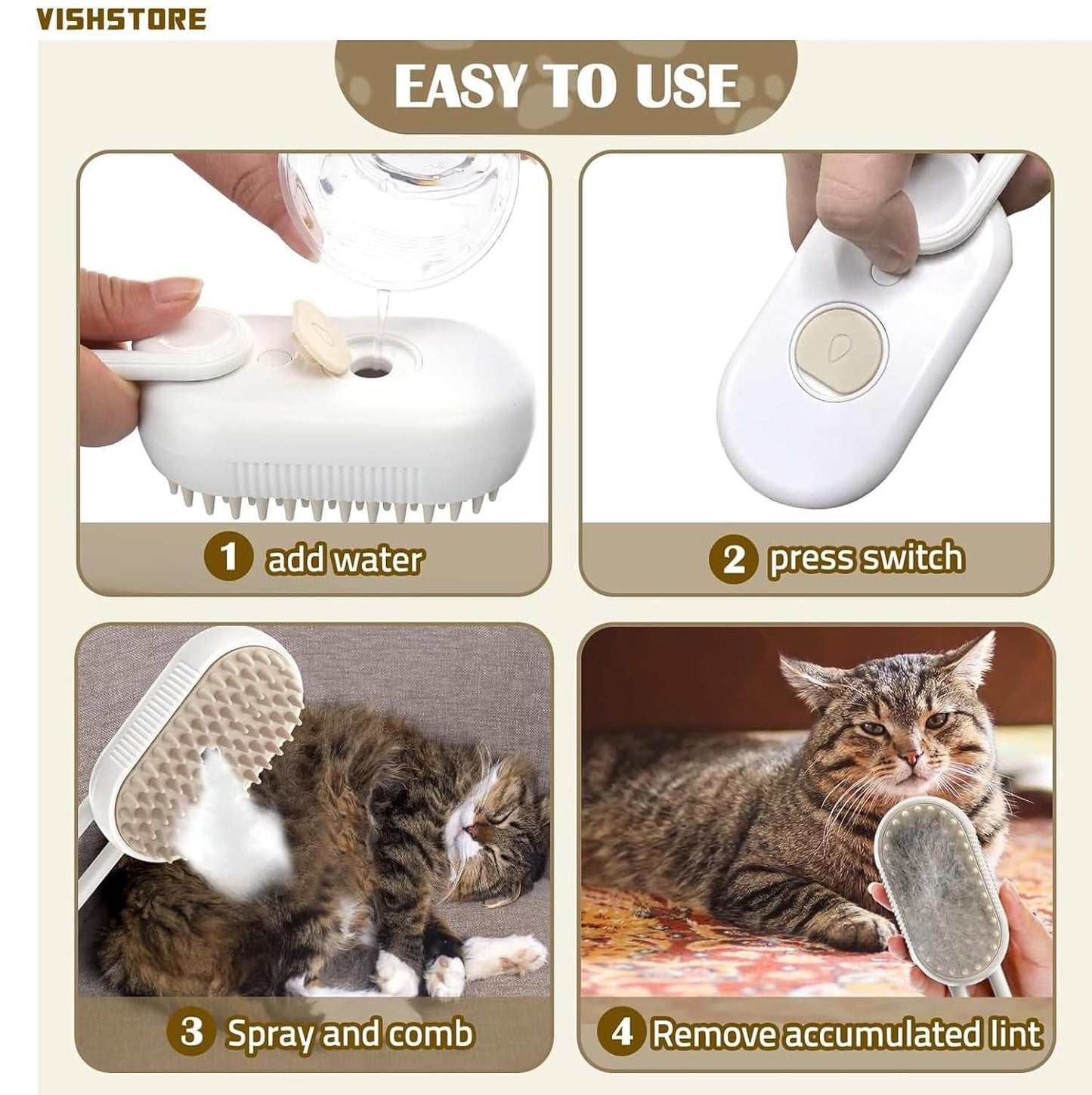 Steam Brush for Dogs & Cats – Gentle Grooming Steamy Brush for Pet Hair Care